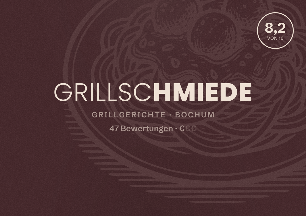 Illustriertes Poster von Grillschmiede, Grillgerichte in Bochum: Gästebewertung 8,2 von 10 aus 47 Bewertungen
