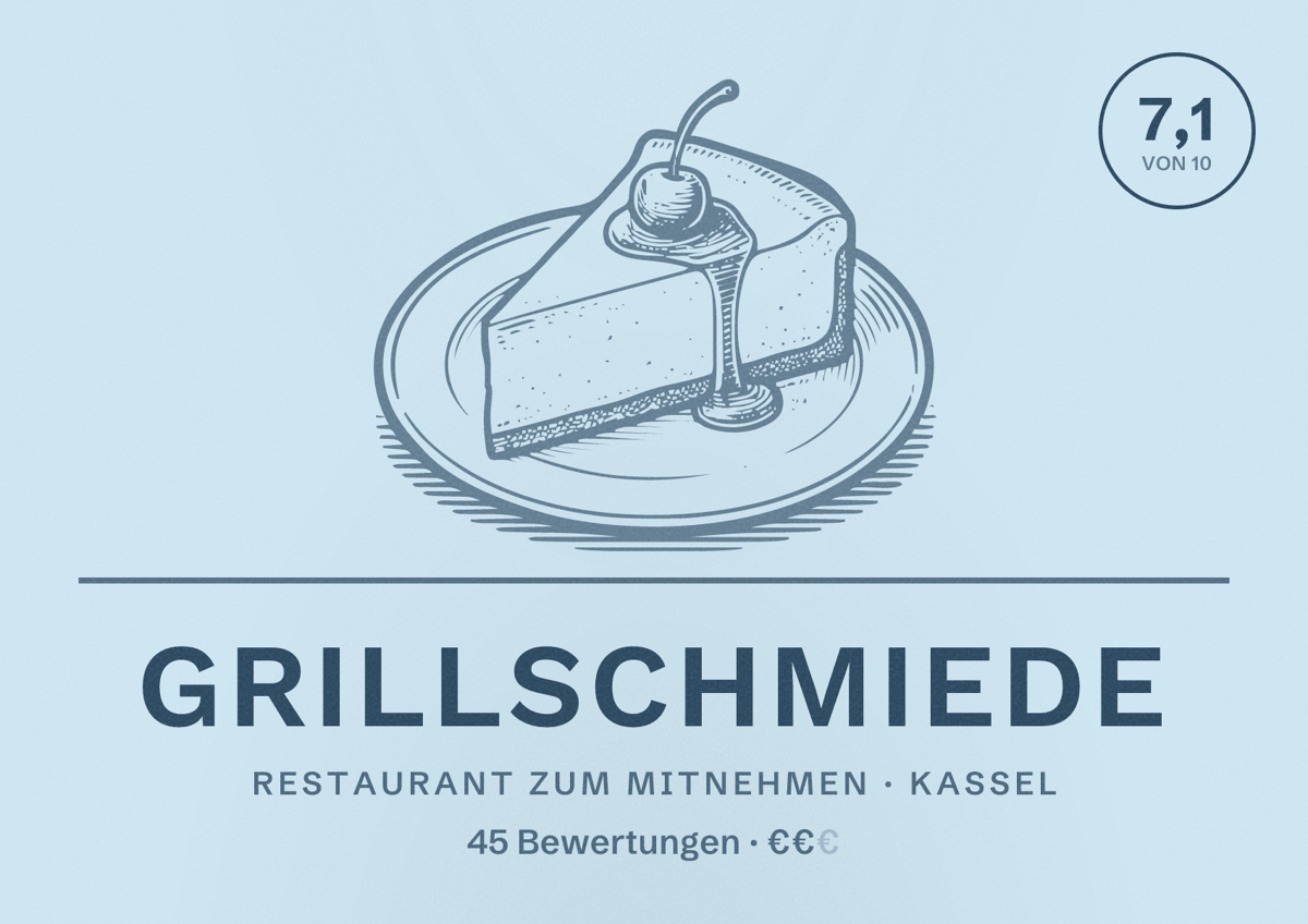 Illustriertes Poster von Grillschmiede, Restaurant zum Mitnehmen in Kassel: Bewertung 7,1 von 10 aus 45 Bewertungen, Preisniveau €€