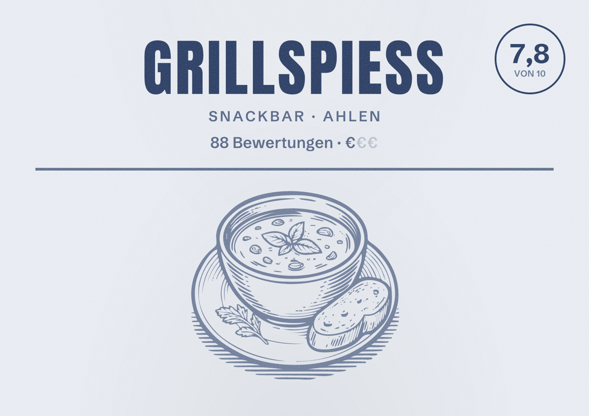 Illustriertes Poster von Grillspieß, Snackbar in Ahlen: Bewertung 7,8 von 10 aus 88 Bewertungen, Preisniveau €