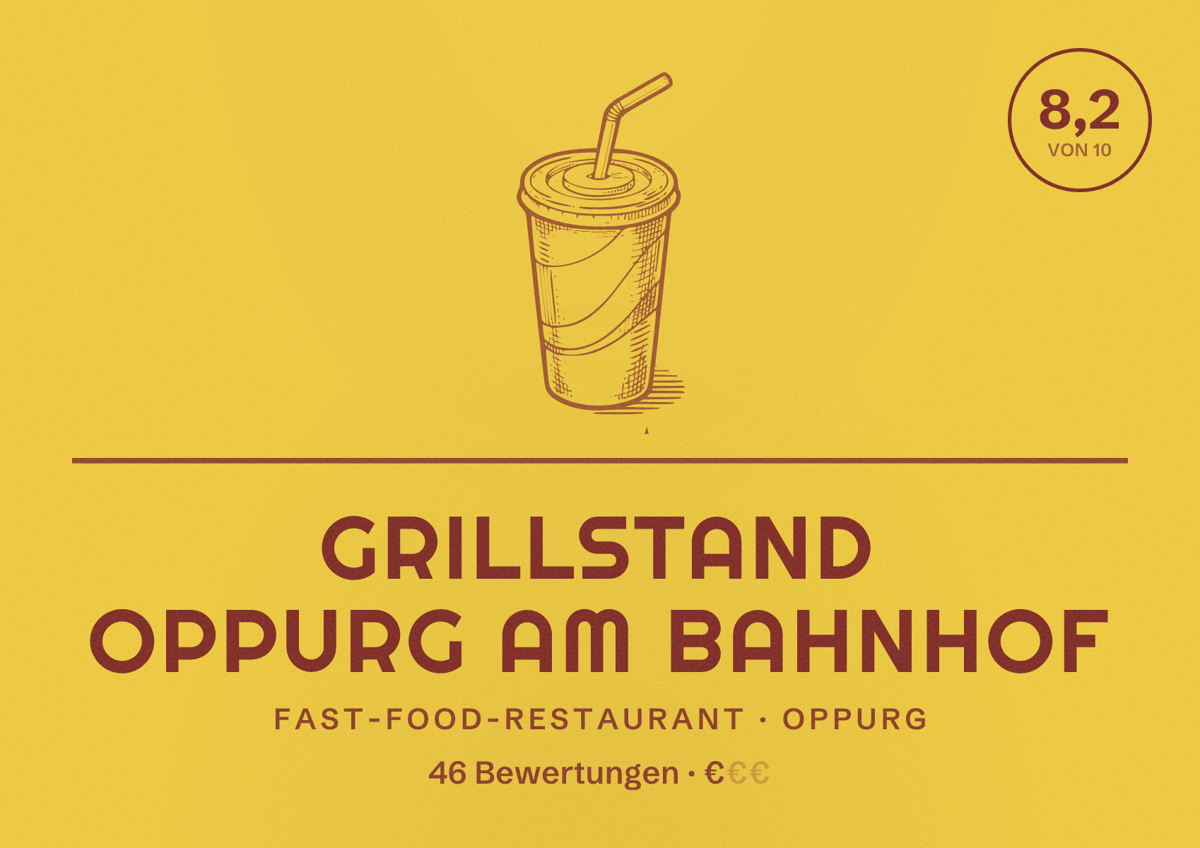 Illustriertes Poster von Grillstand Oppurg am Bahnhof, Fast-Food-Restaurant in Oppurg: Bewertung 8,2 von 10 aus 46 Bewertungen, Preisniveau €