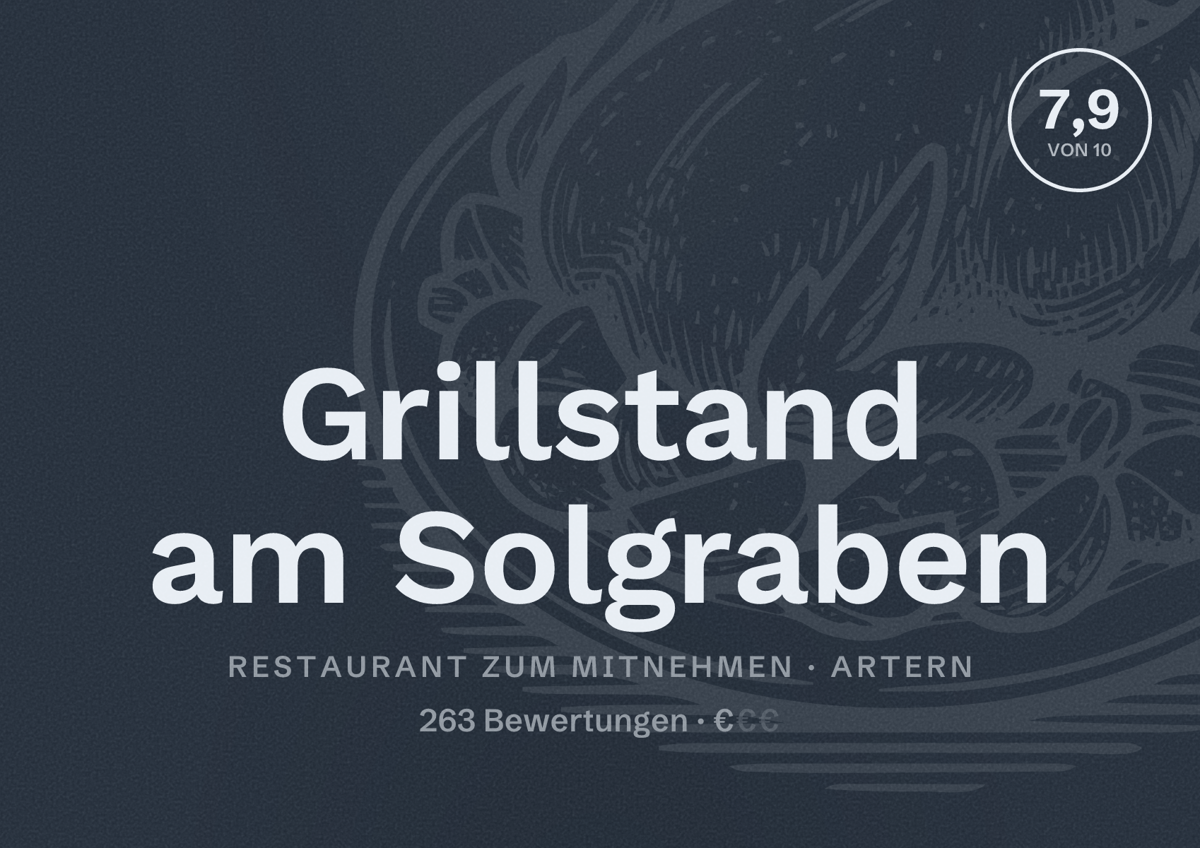 Illustriertes Poster von Grillstand am Solgraben, Restaurant zum Mitnehmen in Artern: Bewertung 7,9 von 10 aus 263 Bewertungen, Preisniveau €