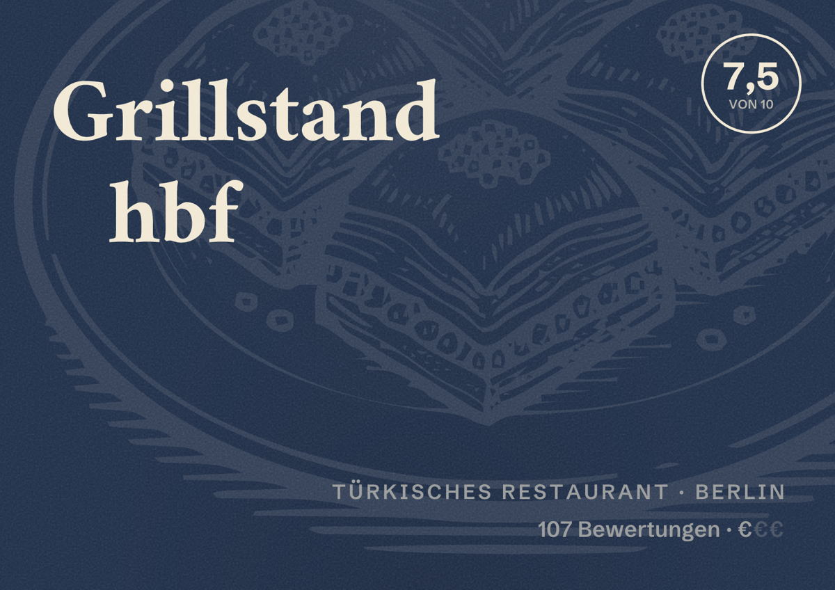 Illustriertes Poster von Grillstand hbf, Türkisches Restaurant in Berlin: Bewertung 7,5 von 10 aus 107 Bewertungen, Preisniveau €