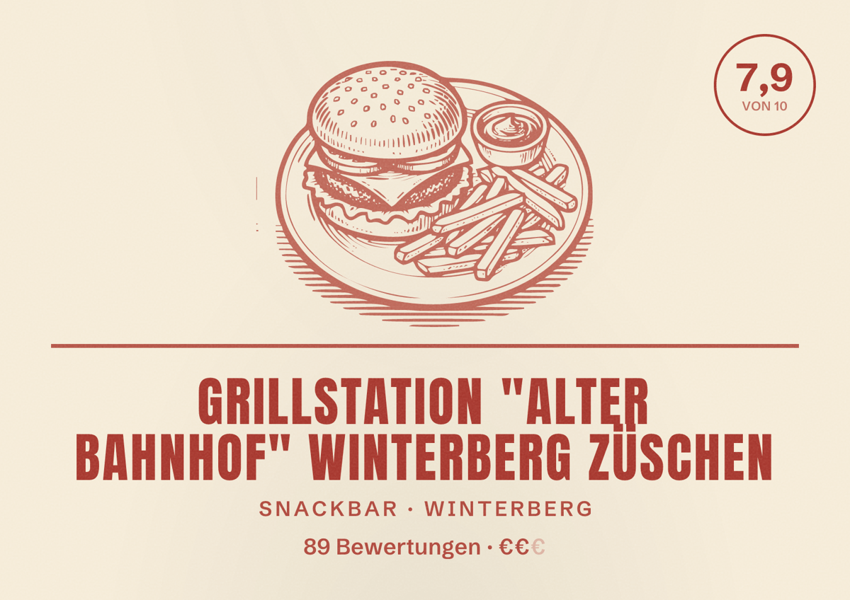 Illustriertes Poster von Grillstation "Alter Bahnhof" Winterberg Züschen, Snackbar in Winterberg: Bewertung 7,9 von 10 aus 89 Bewertungen, Preisniveau €€