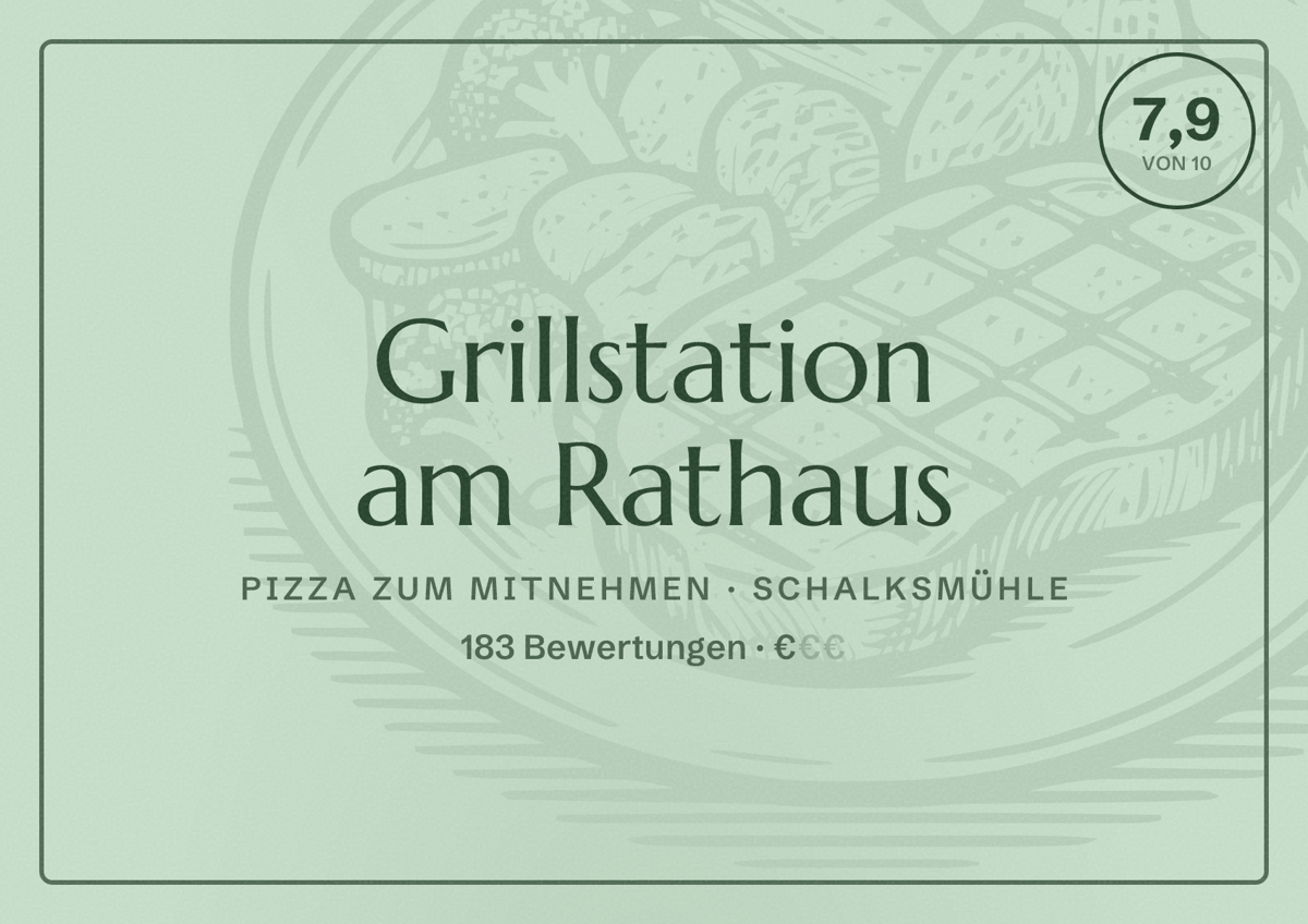 Illustriertes Poster von Grillstation am Rathaus, Pizza zum Mitnehmen in Schalksmühle: Bewertung 7,9 von 10 aus 183 Bewertungen, Preisniveau €