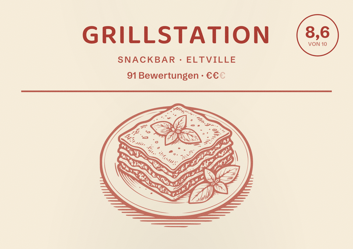 Illustriertes Poster von Grillstation, Snackbar in Eltville: Bewertung 8,6 von 10 aus 91 Bewertungen, Preisniveau €€