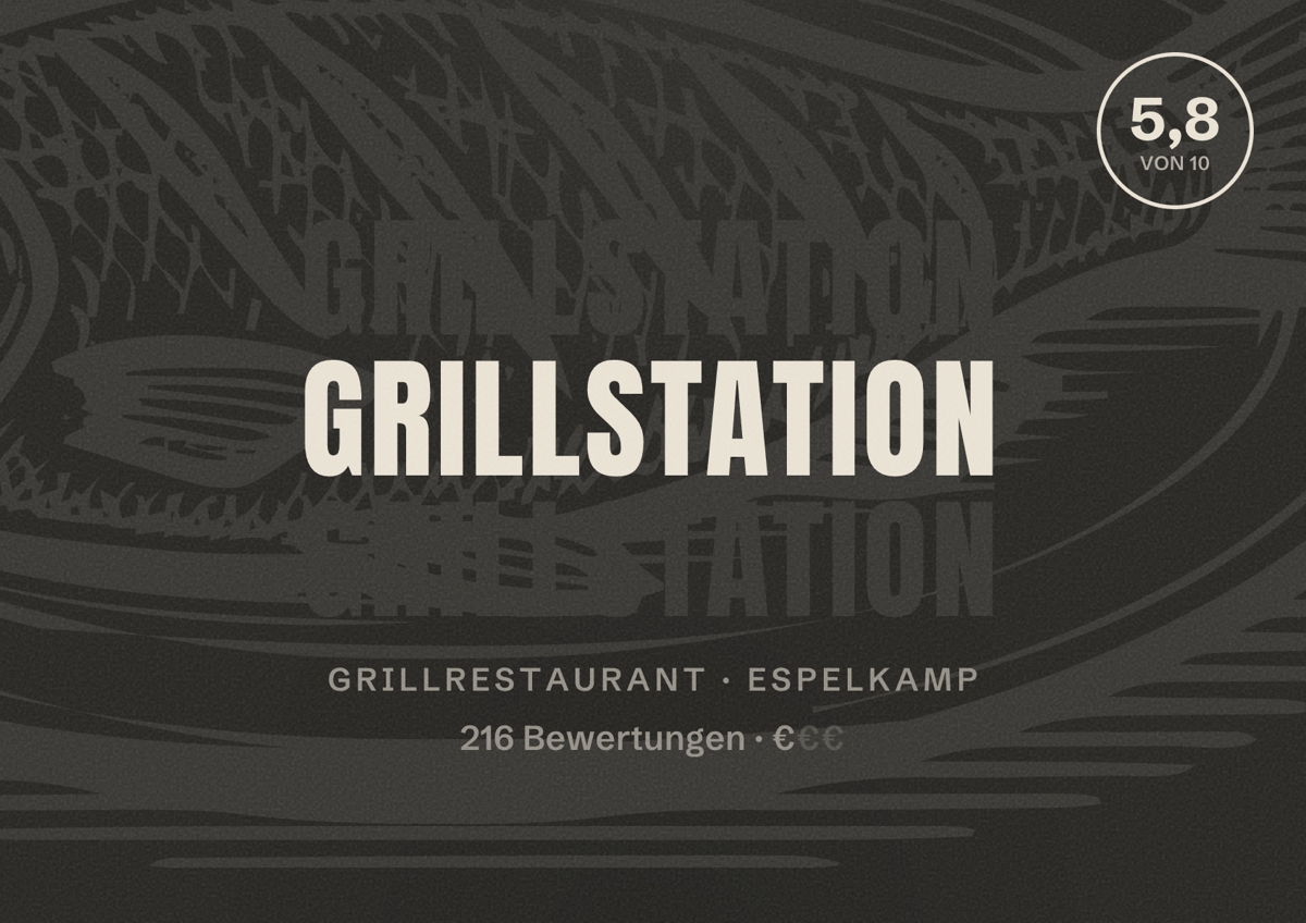 Illustriertes Poster von Grillstation, Grillrestaurant in Espelkamp: Bewertung 5,8 von 10 aus 216 Bewertungen, Preisniveau €
