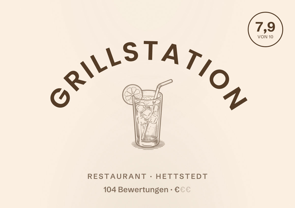 Illustriertes Poster von Grillstation, Restaurant in Hettstedt: Bewertung 7,9 von 10 aus 104 Bewertungen, Preisniveau €
