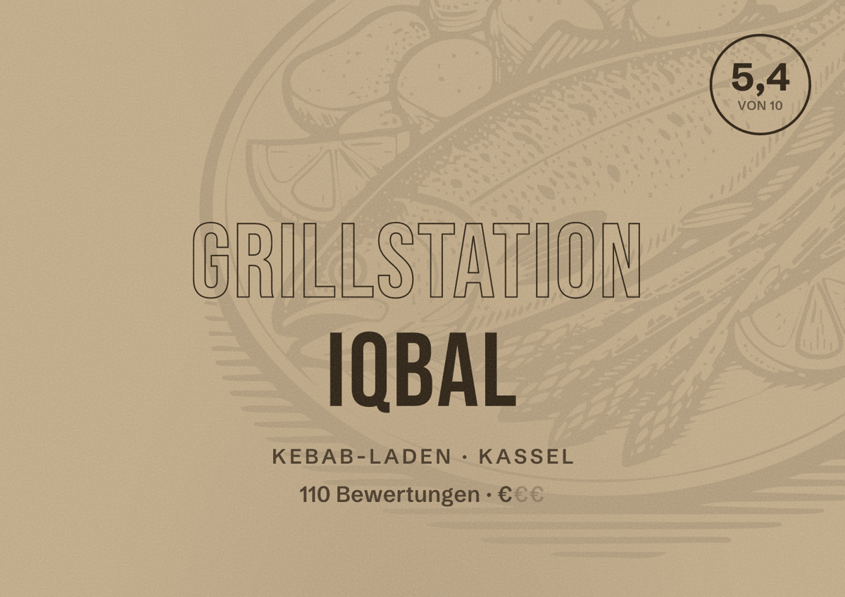Illustriertes Poster von Grillstation Iqbal, Kebab-Laden in Kassel: Bewertung 5,4 von 10 aus 110 Bewertungen, Preisniveau €