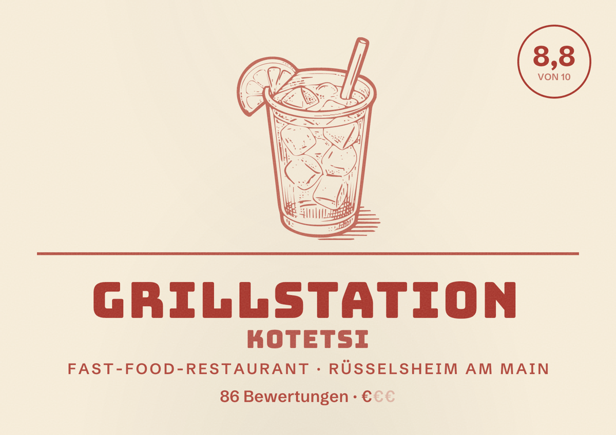 Illustriertes Poster von Grillstation Kotetsi, Fast-Food-Restaurant in Rüsselsheim am Main: Bewertung 8,8 von 10 aus 86 Bewertungen, Preisniveau €