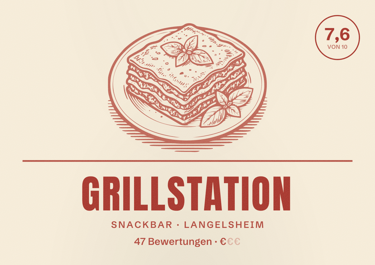 Illustriertes Poster von Grillstation, Snackbar in Langelsheim: Bewertung 7,6 von 10 aus 47 Bewertungen, Preisniveau €