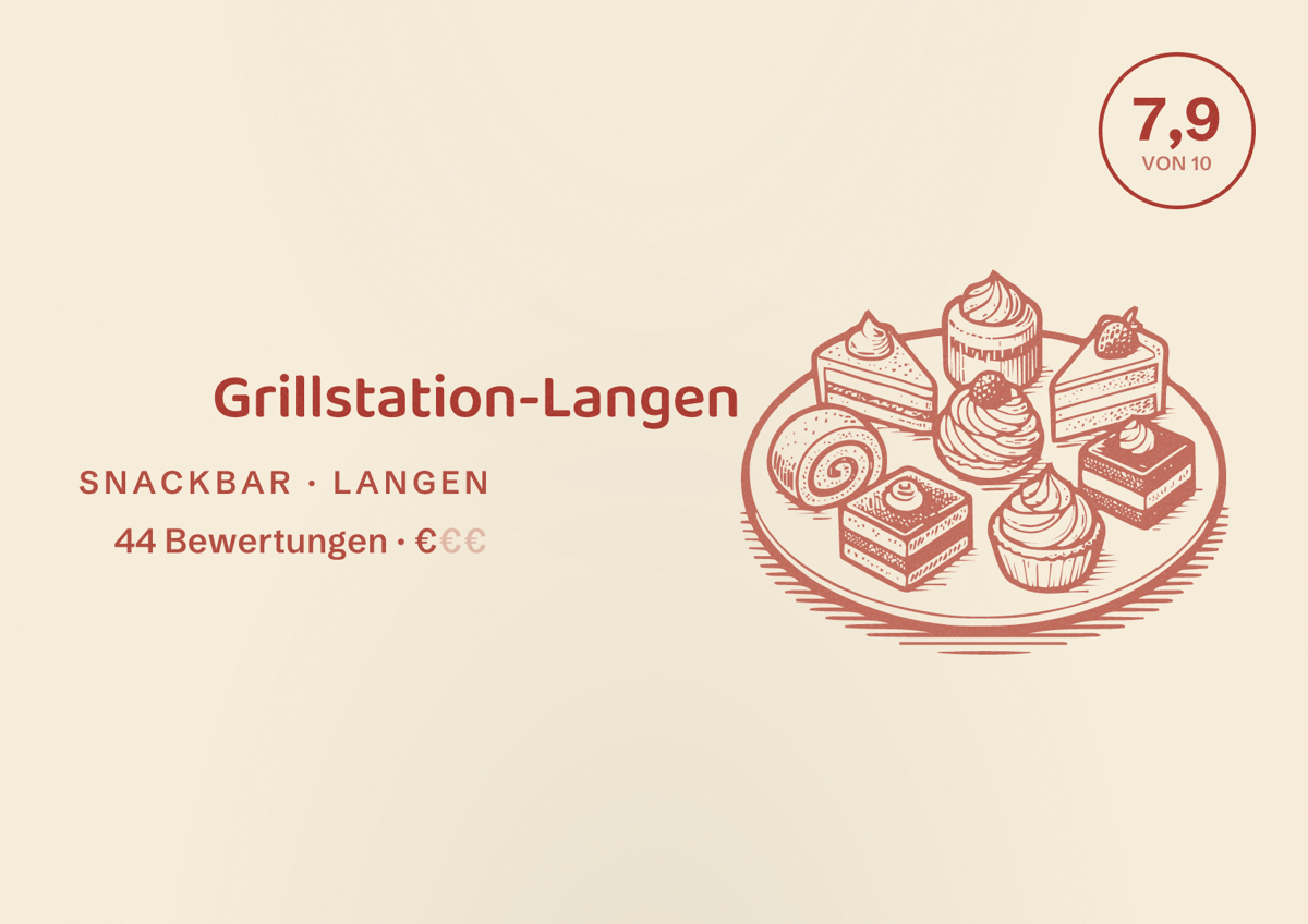 Illustriertes Poster von Grillstation-Langen, Snackbar in Langen: Bewertung 7,9 von 10 aus 44 Bewertungen, Preisniveau €
