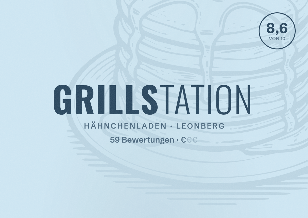 Illustriertes Poster von Grillstation, Hähnchenladen in Leonberg: Bewertung 8,6 von 10 aus 59 Bewertungen, Preisniveau €