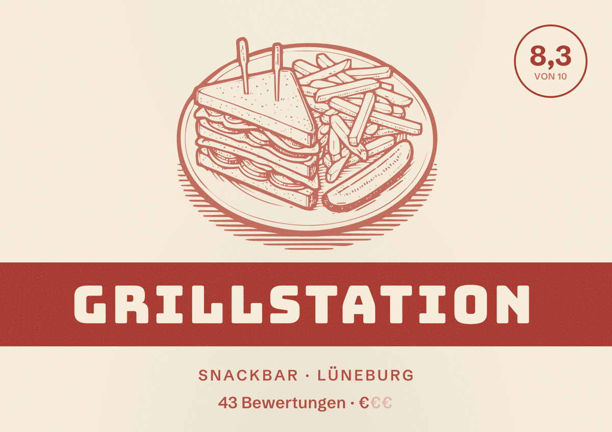 Illustriertes Poster von Grillstation, Snackbar in Lüneburg: Bewertung 8,3 von 10 aus 43 Bewertungen, Preisniveau €