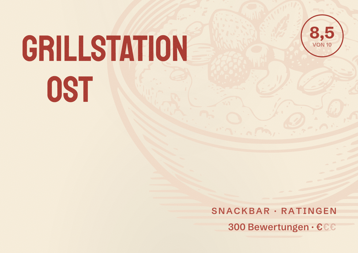 Illustriertes Poster von Grillstation Ost, Snackbar in Ratingen: Bewertung 8,5 von 10 aus 300 Bewertungen, Preisniveau €