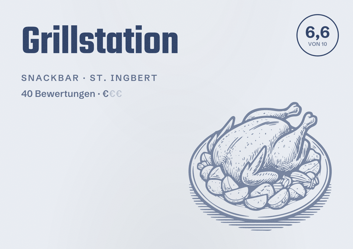 Illustriertes Poster von Grillstation, Snackbar in St. Ingbert: Bewertung 6,6 von 10 aus 40 Bewertungen, Preisniveau €