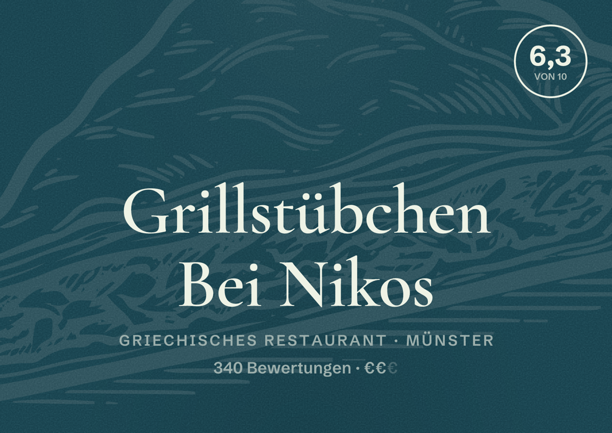 Illustriertes Poster von Grillstübchen Bei Nikos, Griechisches Restaurant in Münster: Bewertung 6,3 von 10 aus 340 Bewertungen, Preisniveau €€