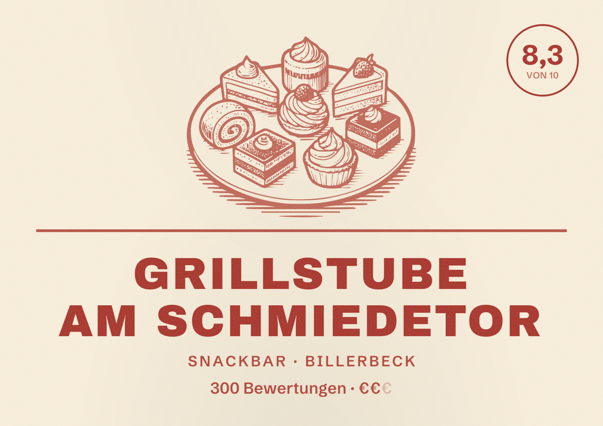 Illustriertes Poster von Grillstube am Schmiedetor, Snackbar in Billerbeck: Bewertung 8,3 von 10 aus 300 Bewertungen, Preisniveau €€