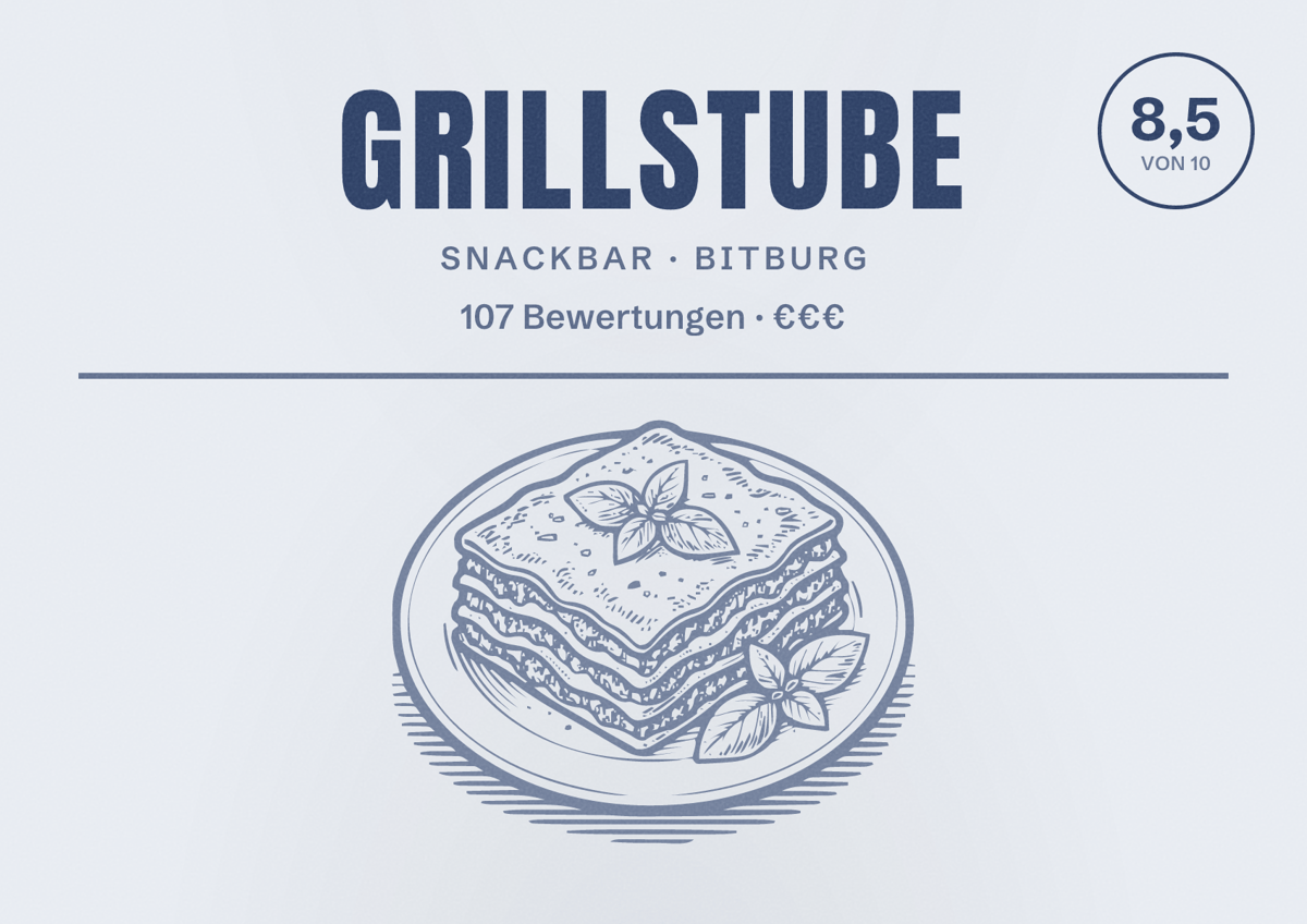 Illustriertes Poster von Grillstube, Snackbar in Bitburg: Bewertung 8,5 von 10 aus 107 Bewertungen, Preisniveau €€€
