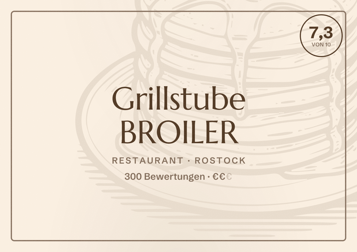 Illustriertes Poster von Grillstube BROILER, Restaurant in Rostock: Bewertung 7,3 von 10 aus 300 Bewertungen, Preisniveau €€