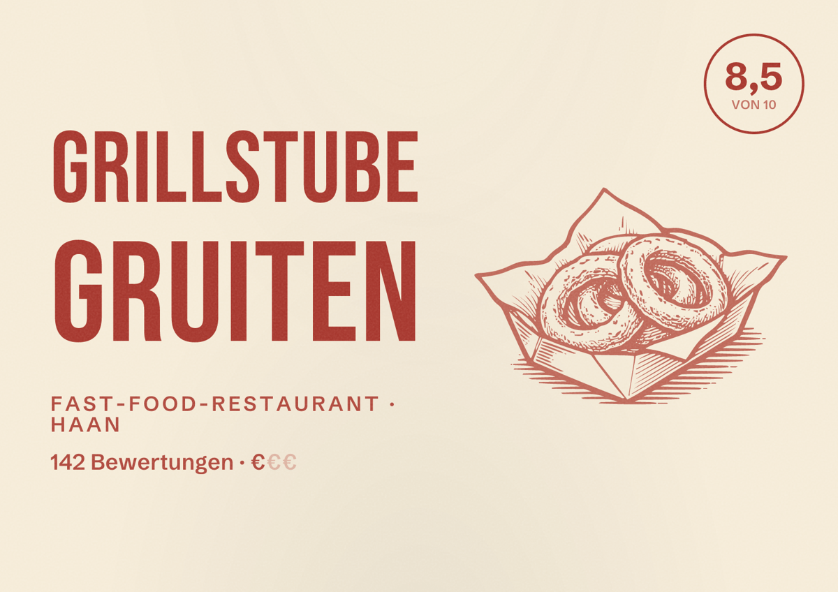 Illustriertes Poster von Grillstube Gruiten, Fast-Food-Restaurant in Haan: Bewertung 8,5 von 10 aus 142 Bewertungen, Preisniveau €