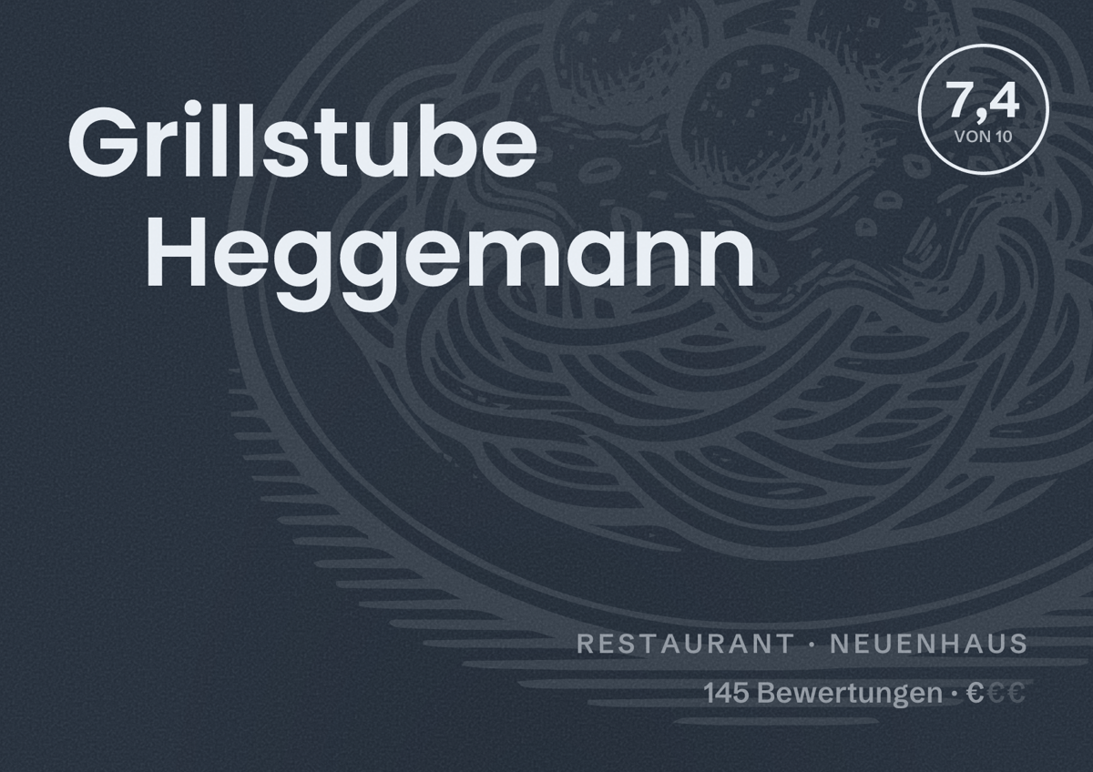 Illustriertes Poster von Grillstube Heggemann, Restaurant in Neuenhaus: Bewertung 7,4 von 10 aus 145 Bewertungen, Preisniveau €