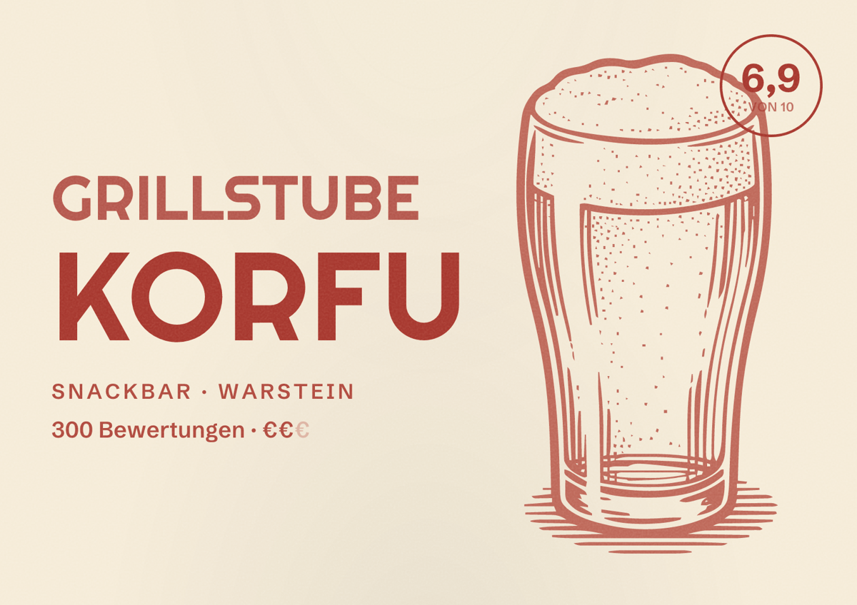 Illustriertes Poster von Grillstube Korfu, Snackbar in Warstein: Bewertung 6,9 von 10 aus 300 Bewertungen, Preisniveau €€