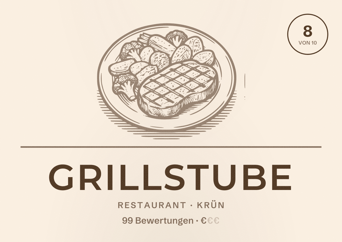 Illustriertes Poster von Grillstube, Restaurant in Krün: Bewertung 8 von 10 aus 99 Bewertungen, Preisniveau €