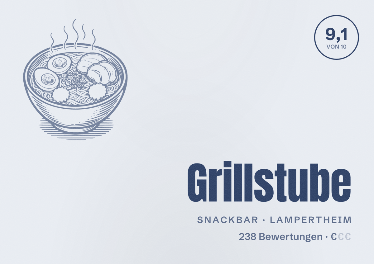 Illustriertes Poster von Grillstube, Snackbar in Lampertheim: Bewertung 9,1 von 10 aus 238 Bewertungen, Preisniveau €