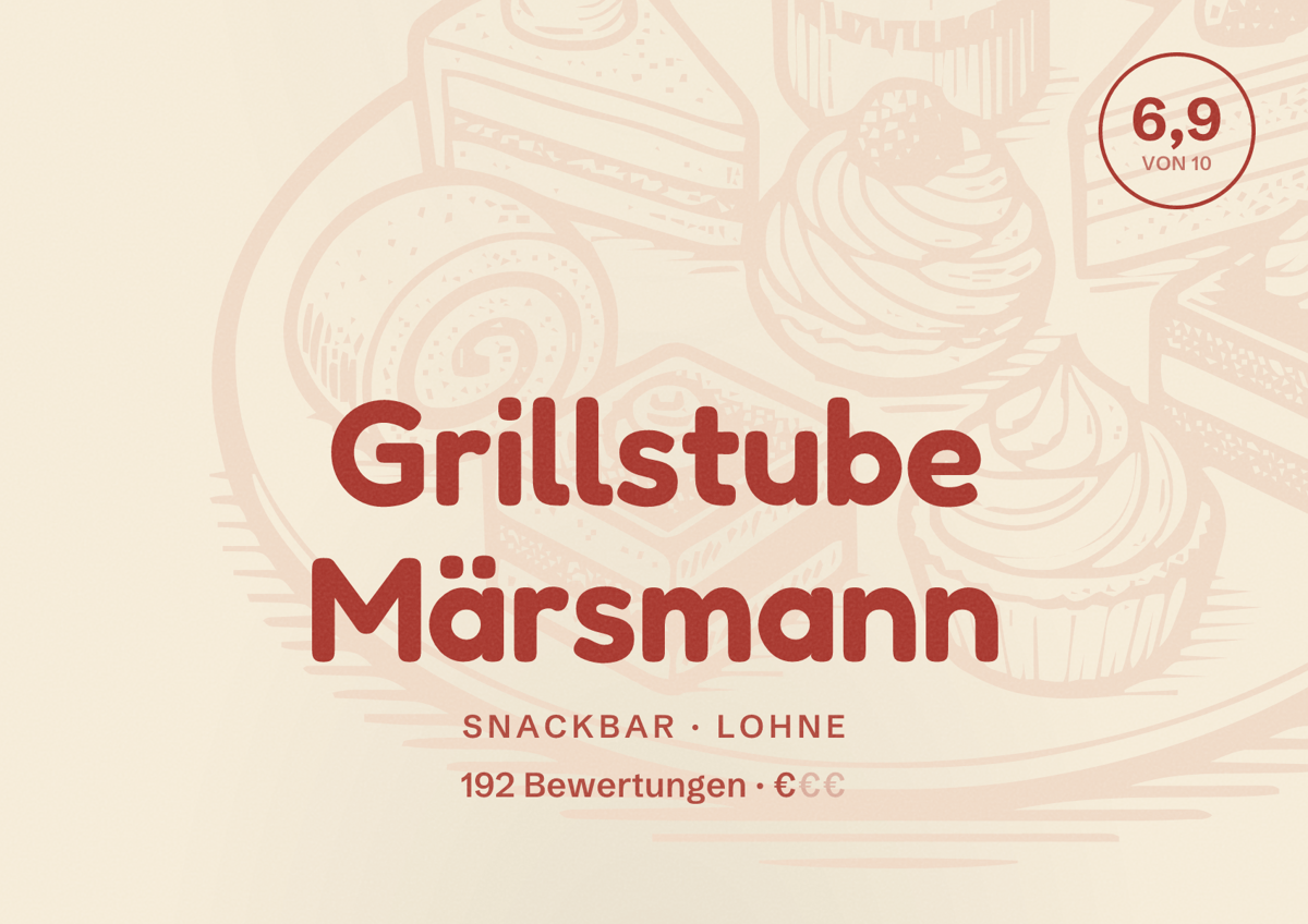 Illustriertes Poster von Grillstube Märsmann, Snackbar in Lohne: Bewertung 6,9 von 10 aus 192 Bewertungen, Preisniveau €