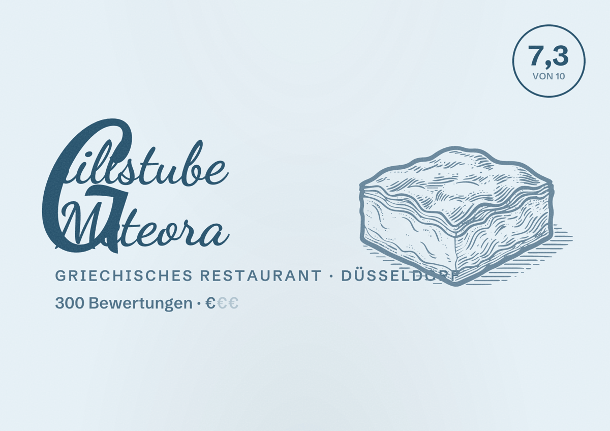 Illustriertes Poster von Grillstube Meteora, Griechisches Restaurant in Düsseldorf: Bewertung 7,3 von 10 aus 300 Bewertungen, Preisniveau €
