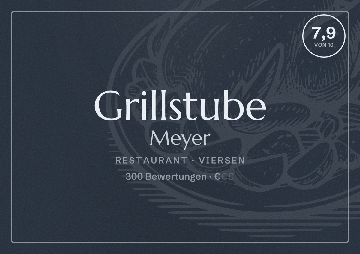 Illustriertes Poster von Grillstube Meyer, Restaurant in Viersen: Bewertung 7,9 von 10 aus 300 Bewertungen, Preisniveau €