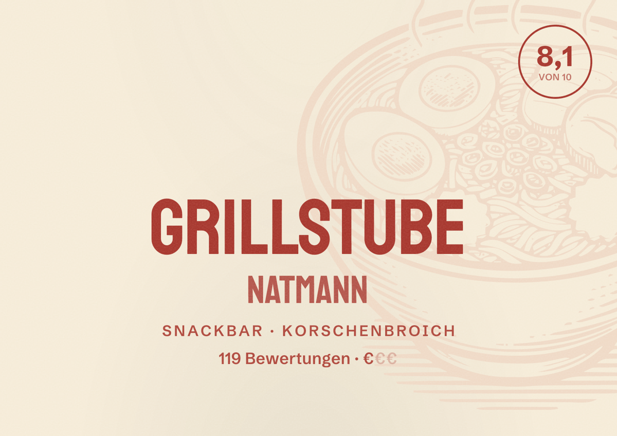 Illustriertes Poster von Grillstube Natmann, Snackbar in Korschenbroich: Bewertung 8,1 von 10 aus 119 Bewertungen, Preisniveau €