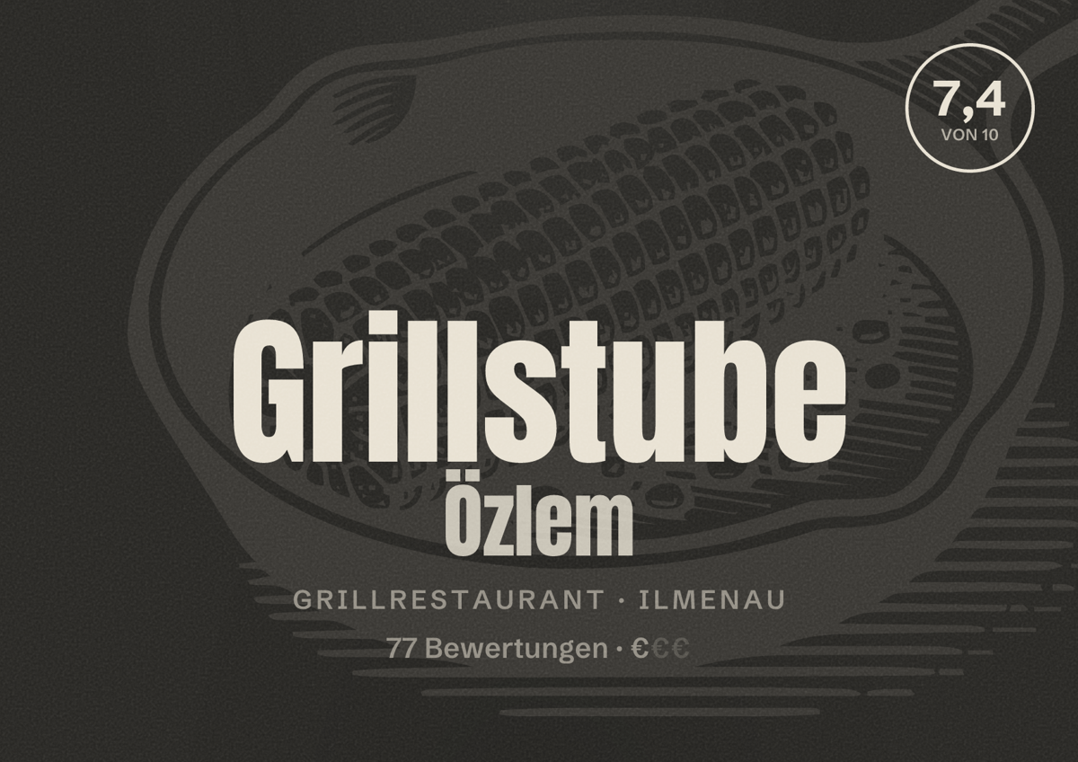 Illustriertes Poster von Grillstube Özlem, Grillrestaurant in Ilmenau: Bewertung 7,4 von 10 aus 77 Bewertungen, Preisniveau €