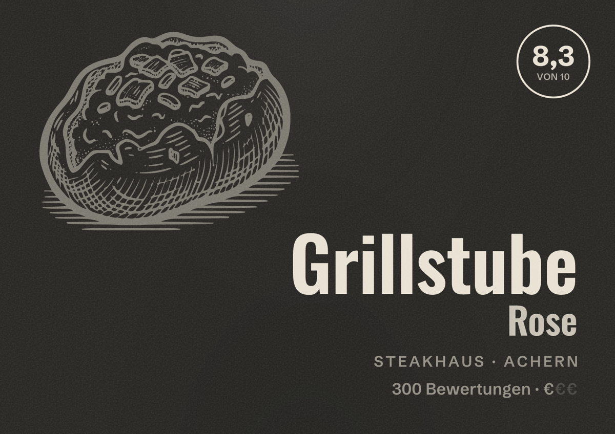 Illustriertes Poster von Grillstube Rose, Steakhaus in Achern: Bewertung 8,3 von 10 aus 300 Bewertungen, Preisniveau €
