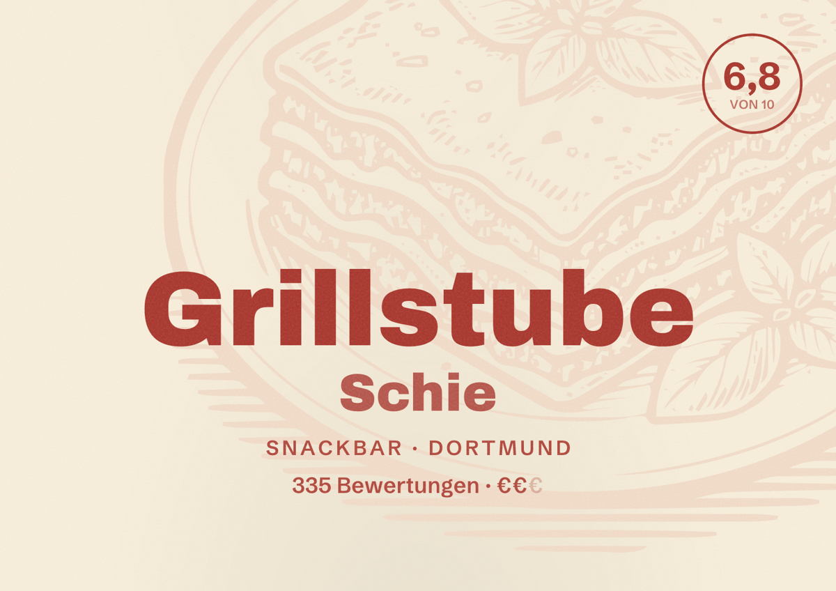 Illustriertes Poster von Grillstube Schie, Snackbar in Dortmund: Bewertung 6,8 von 10 aus 335 Bewertungen, Preisniveau €€