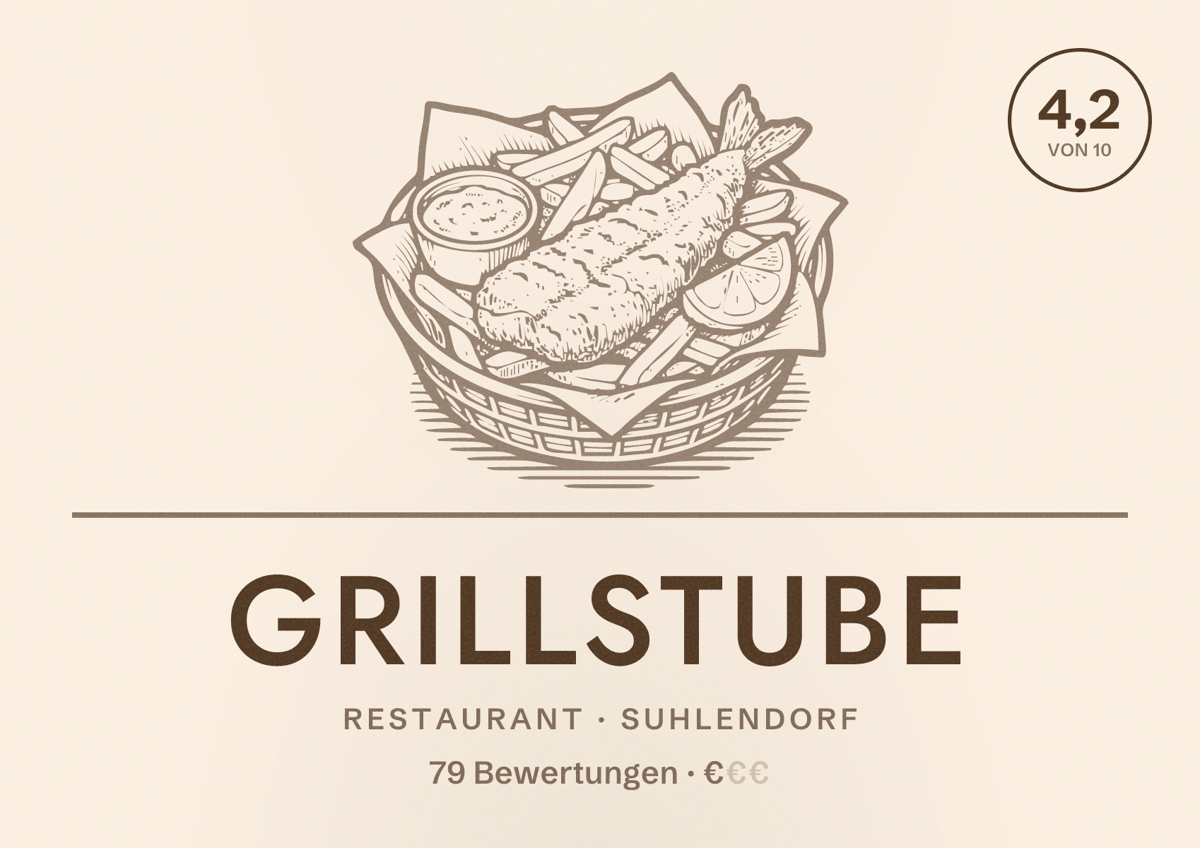 Illustriertes Poster von Grillstube, Restaurant in Suhlendorf: Bewertung 4,2 von 10 aus 79 Bewertungen, Preisniveau €