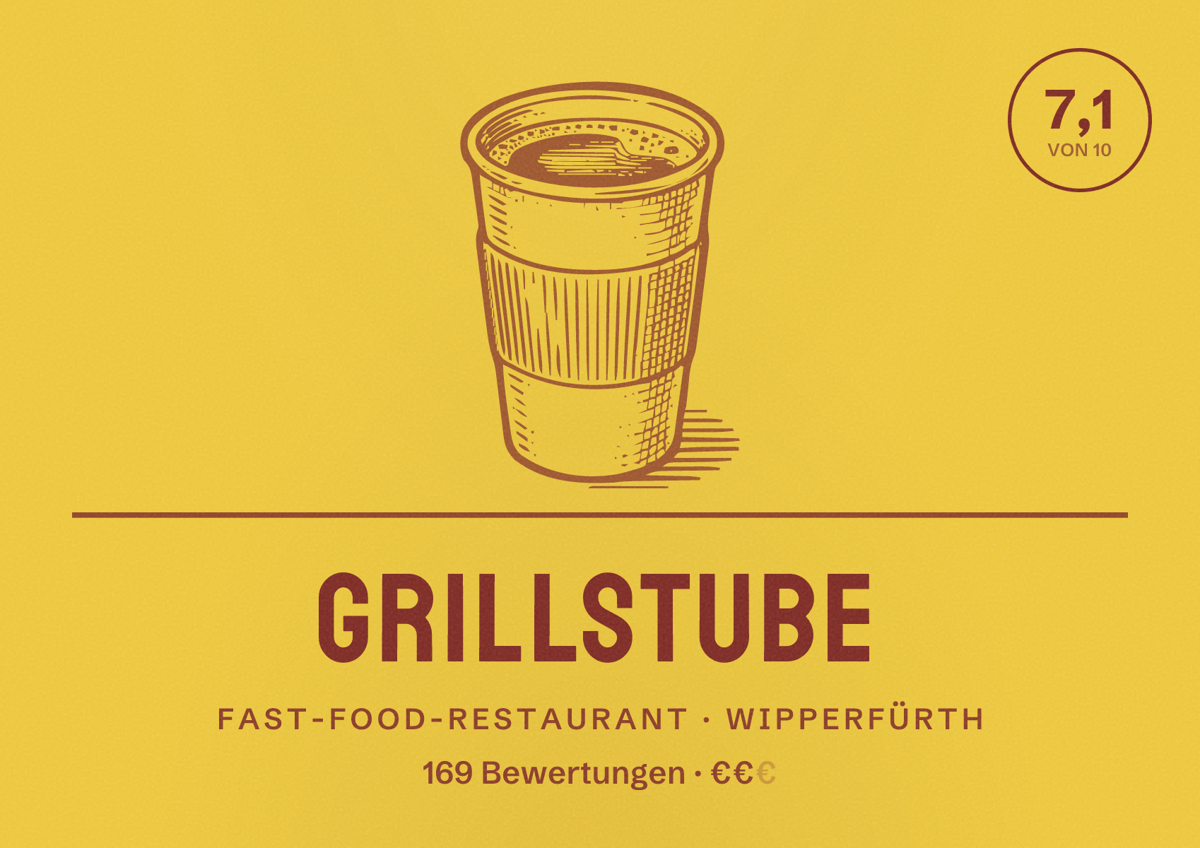 Illustriertes Poster von Grillstube, Fast-Food-Restaurant in Wipperfürth: Bewertung 7,1 von 10 aus 169 Bewertungen, Preisniveau €€