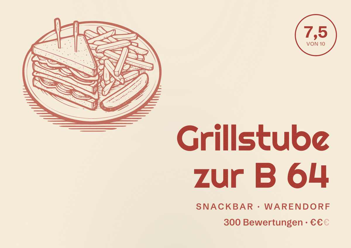Illustriertes Poster von Grillstube zur B 64, Snackbar in Warendorf: Bewertung 7,5 von 10 aus 300 Bewertungen, Preisniveau €€