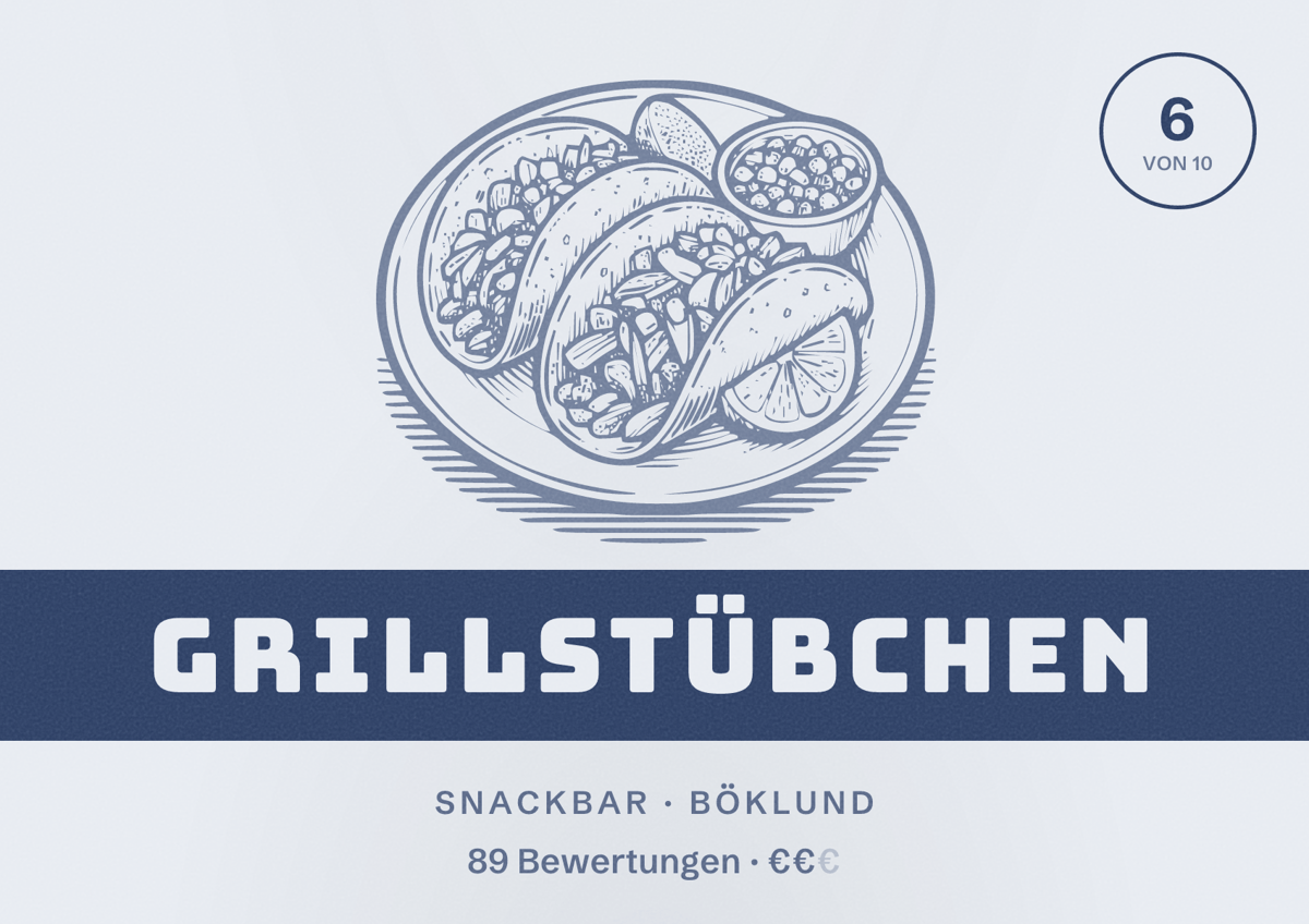 Illustriertes Poster von Grillstübchen, Snackbar in Böklund: Bewertung 6 von 10 aus 89 Bewertungen, Preisniveau €€
