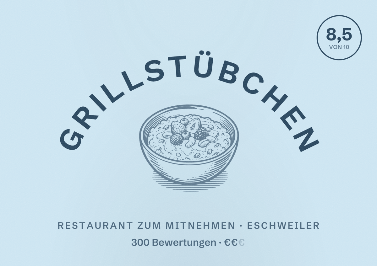 Illustriertes Poster von Grillstübchen, Restaurant zum Mitnehmen in Eschweiler: Bewertung 8,5 von 10 aus 300 Bewertungen, Preisniveau €€