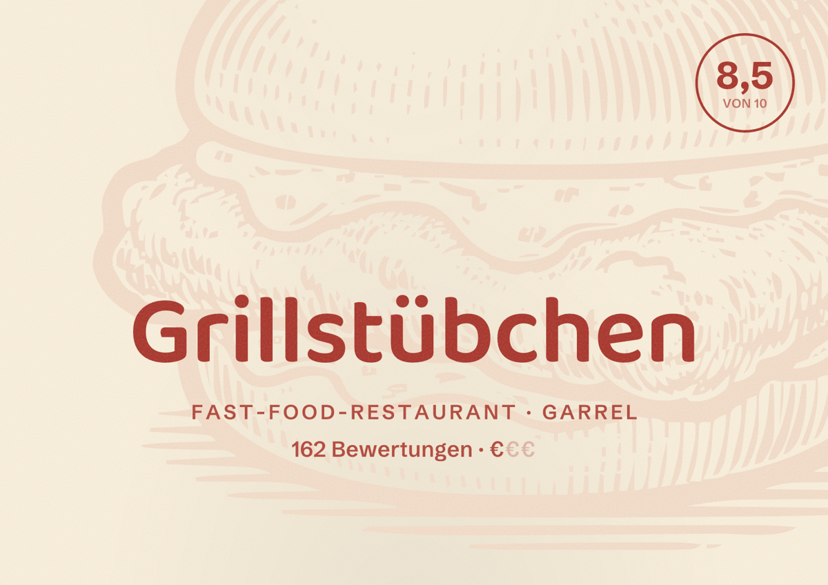 Illustriertes Poster von Grillstübchen, Fast-Food-Restaurant in Garrel: Bewertung 8,5 von 10 aus 162 Bewertungen, Preisniveau €