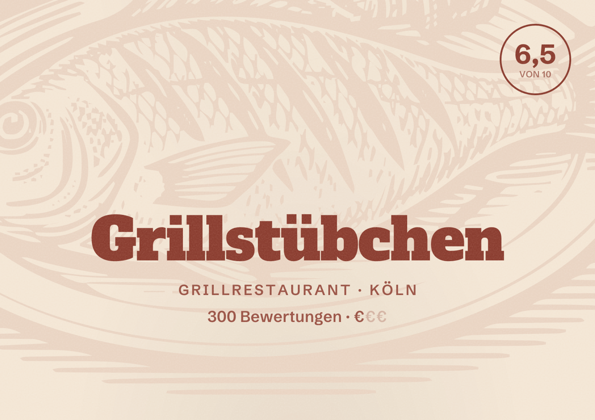 Illustriertes Poster von Grillstübchen, Grillrestaurant in Köln: Bewertung 6,5 von 10 aus 300 Bewertungen, Preisniveau €
