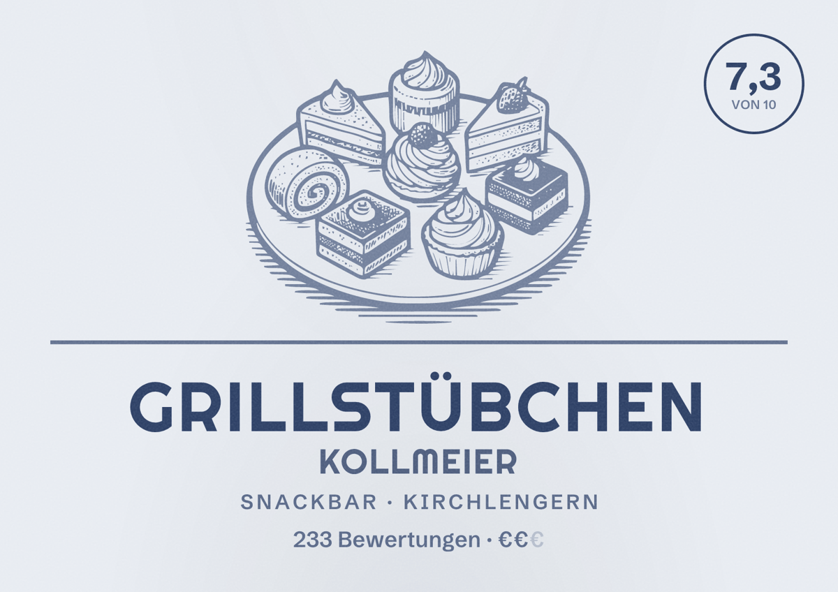Illustriertes Poster von Grillstübchen Kollmeier, Snackbar in Kirchlengern: Bewertung 7,3 von 10 aus 233 Bewertungen, Preisniveau €€