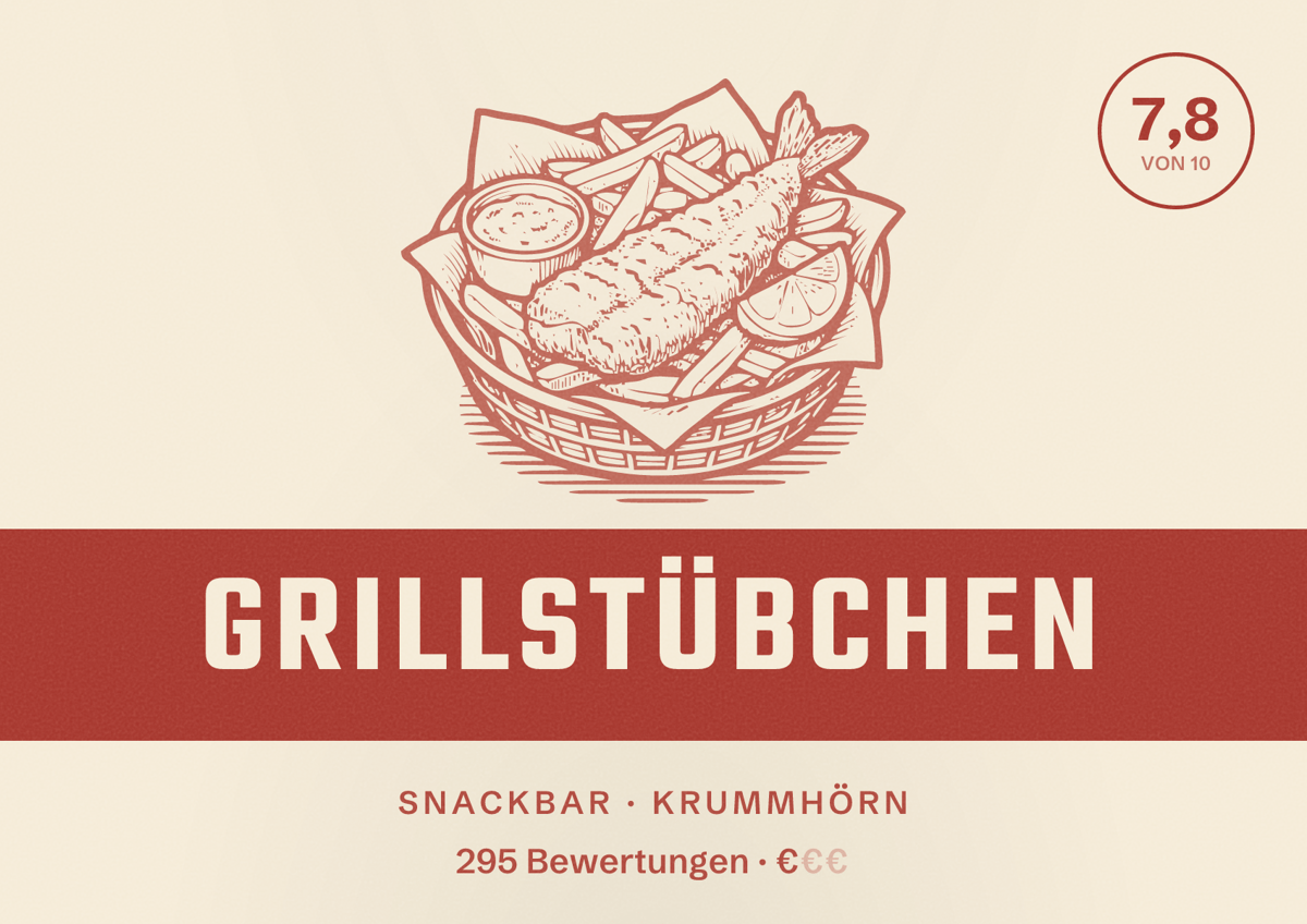 Illustriertes Poster von Grillstübchen, Snackbar in Krummhörn: Bewertung 7,8 von 10 aus 295 Bewertungen, Preisniveau €