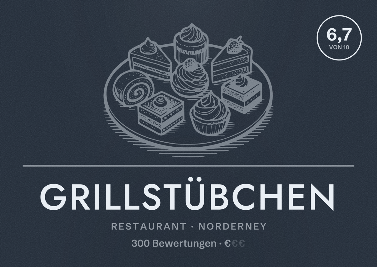 Illustriertes Poster von Grillstübchen, Restaurant in Norderney: Bewertung 6,7 von 10 aus 300 Bewertungen, Preisniveau €