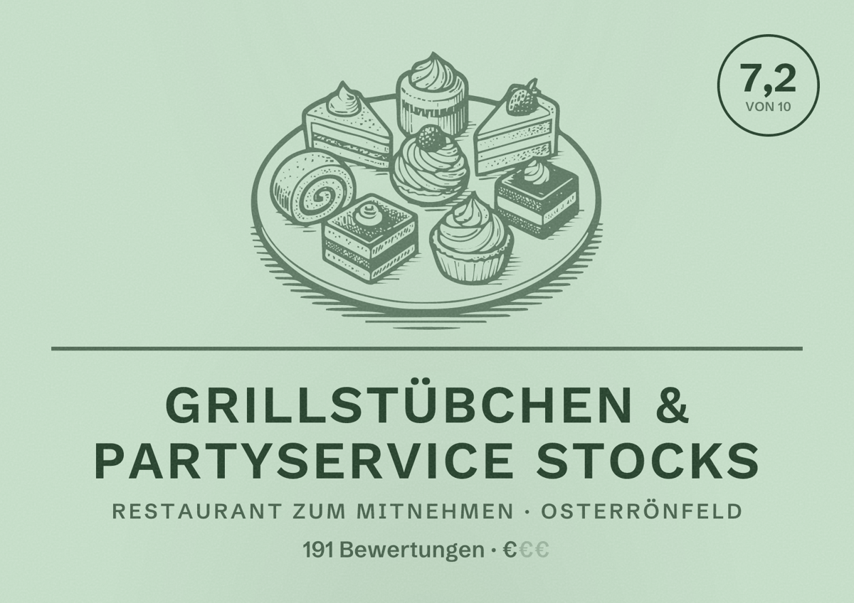 Illustriertes Poster von Grillstübchen & Partyservice Stocks, Restaurant zum Mitnehmen in Osterrönfeld: Bewertung 7,2 von 10 aus 191 Bewertungen, Preisniveau €