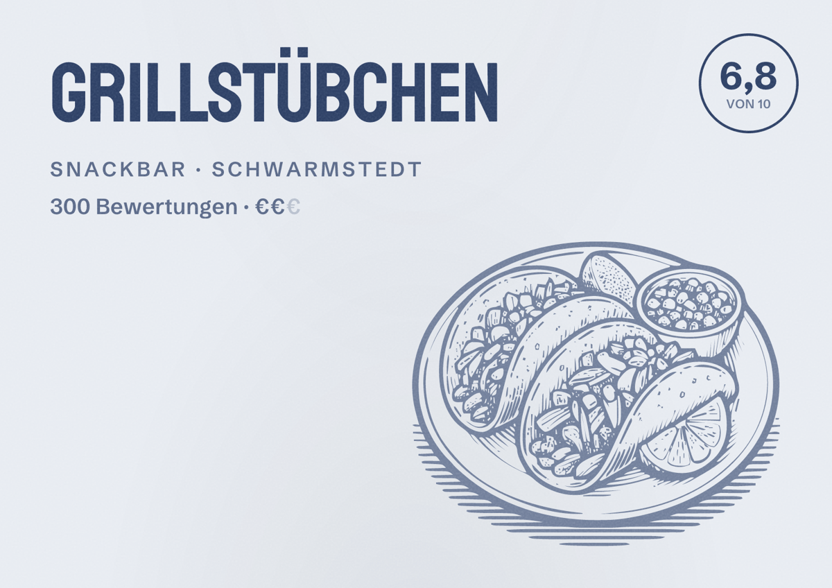 Illustriertes Poster von Grillstübchen, Snackbar in Schwarmstedt: Bewertung 6,8 von 10 aus 300 Bewertungen, Preisniveau €€