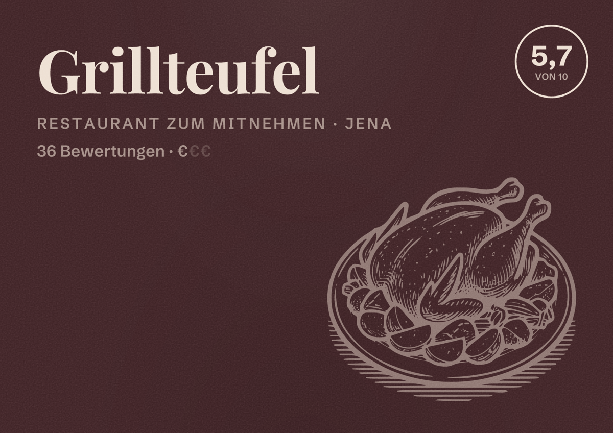 Illustriertes Poster von Grillteufel, Restaurant zum Mitnehmen in Jena: Bewertung 5,7 von 10 aus 36 Bewertungen, Preisniveau €