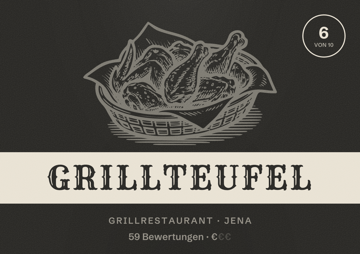 Illustriertes Poster von Grillteufel, Grillrestaurant in Jena: Bewertung 6 von 10 aus 59 Bewertungen, Preisniveau €