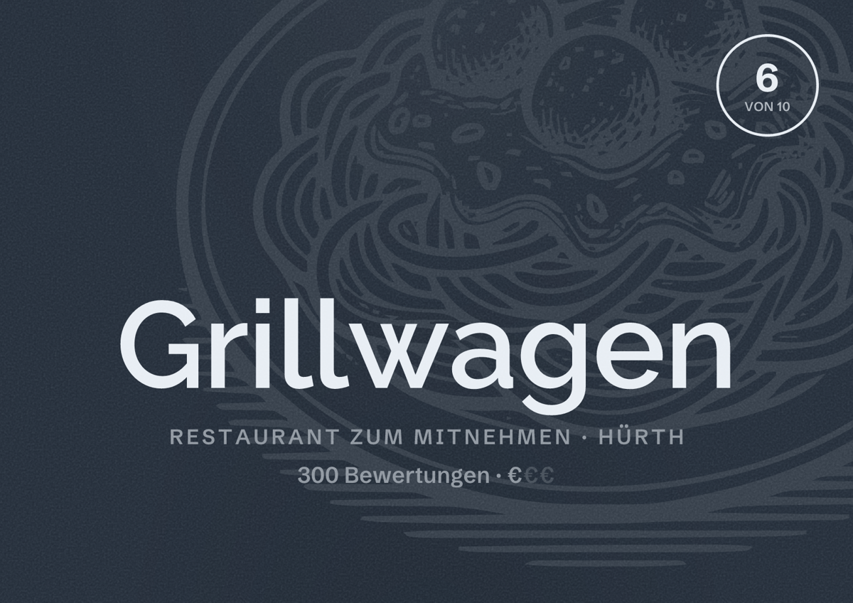 Illustriertes Poster von Grillwagen, Restaurant zum Mitnehmen in Hürth: Bewertung 6 von 10 aus 300 Bewertungen, Preisniveau €